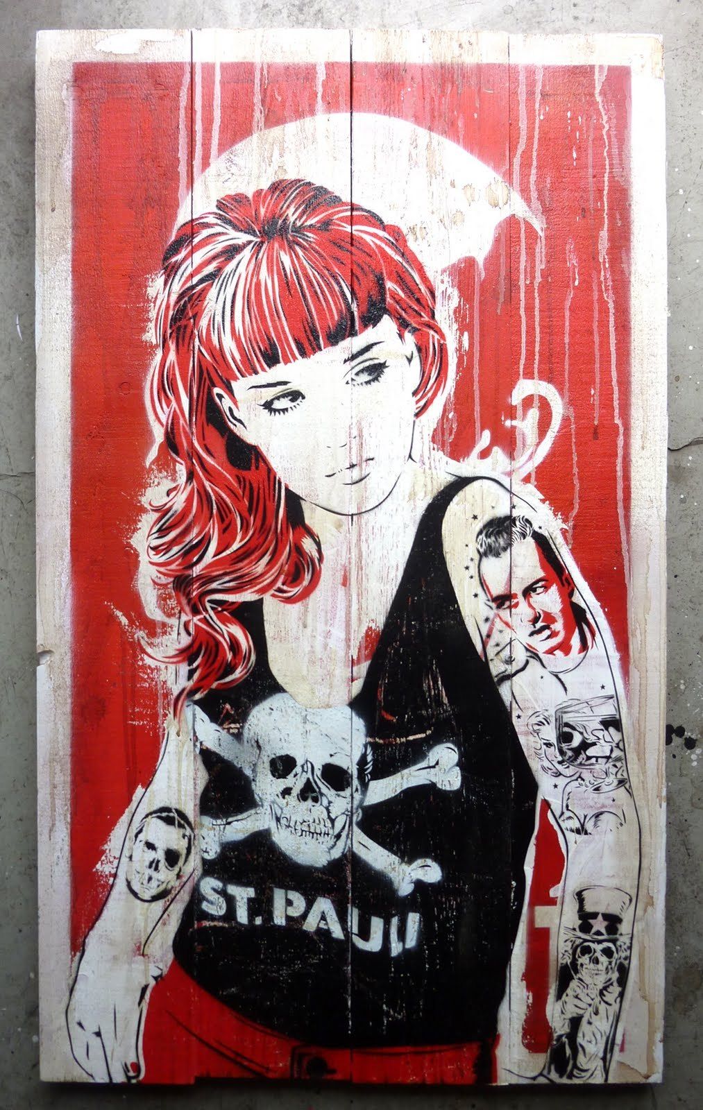 FC St. Pauli, Street Art, Frau, Rote Haare, Totenkopf-Shirt, Android-Hintergrundbild