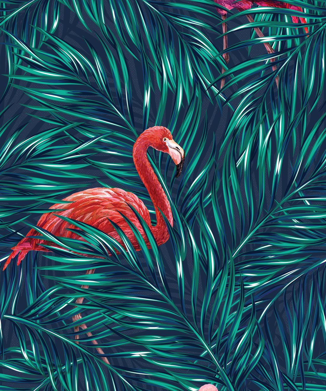 Flamingo, Palmenblätter, Dschungel, Grün und Rot, Illustration, Full HD, Tablet-Hintergrund