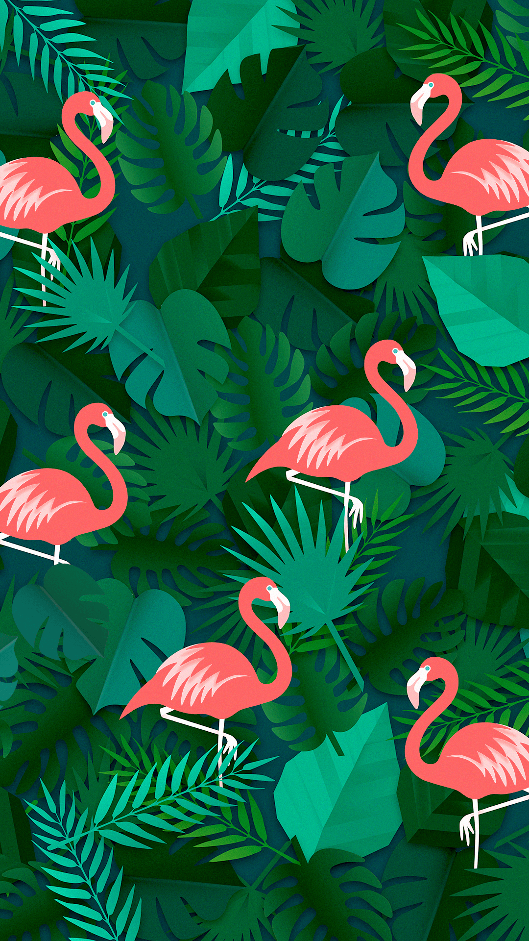 Flamingos, Monstera-Blätter, Tropenmuster, Grün, Full HD, Handy-Hintergrund im Hochformat