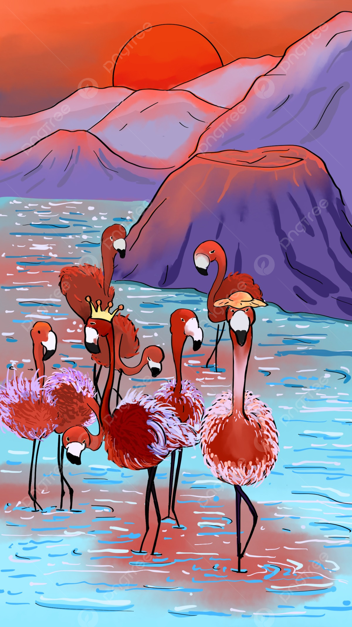 Flamingos, Sonnenuntergang, Berge, Illustration, Wasser, Full HD, Handy-Hintergrundbild
