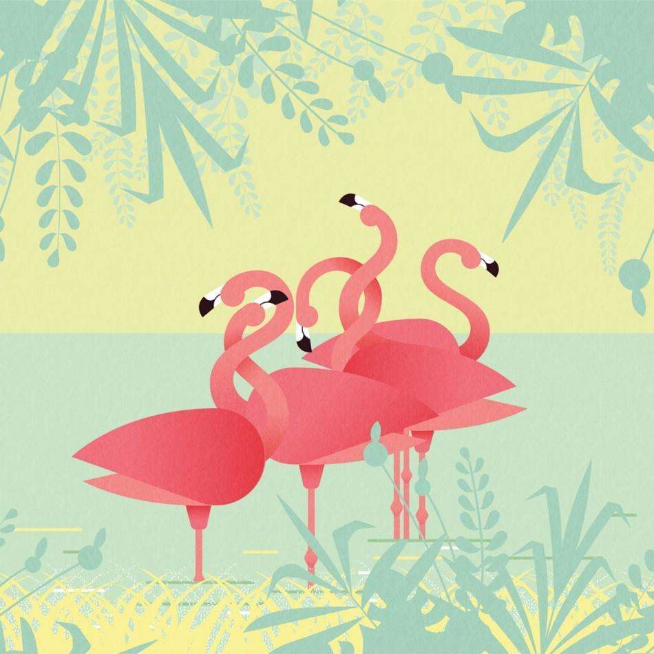 Flamingos, Dschungelblätter, Illustration, Gelb und Mint, Pastell, Hintergrundbild fürs Tablet