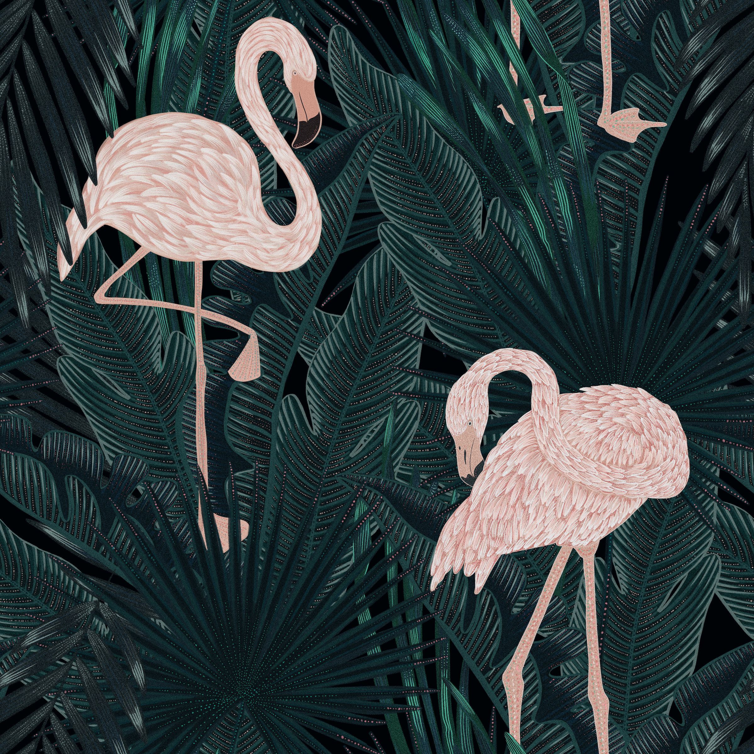 Flamingos, Palmenblätter, Dunkelgrüner Hintergrund, Beige, Illustration, Full HD Wallpaper
