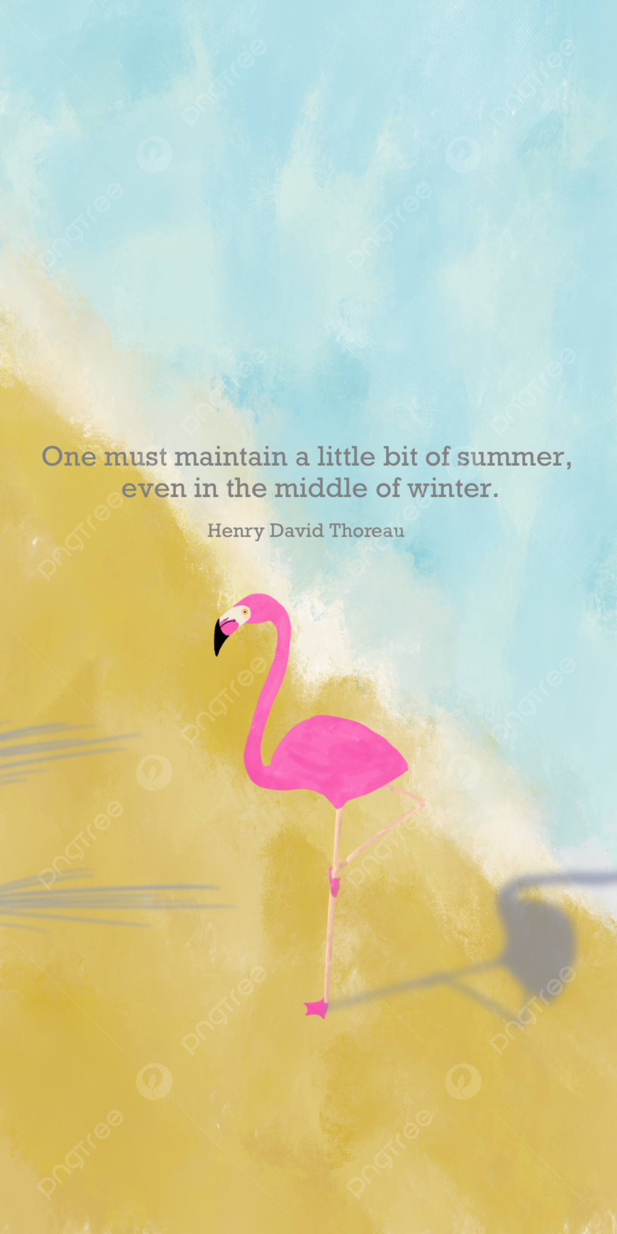 Flamingo, Zitat, Aquarell, Gelb und Blau, Strand, Hochformat, Hintergrundbild fürs Smartphone