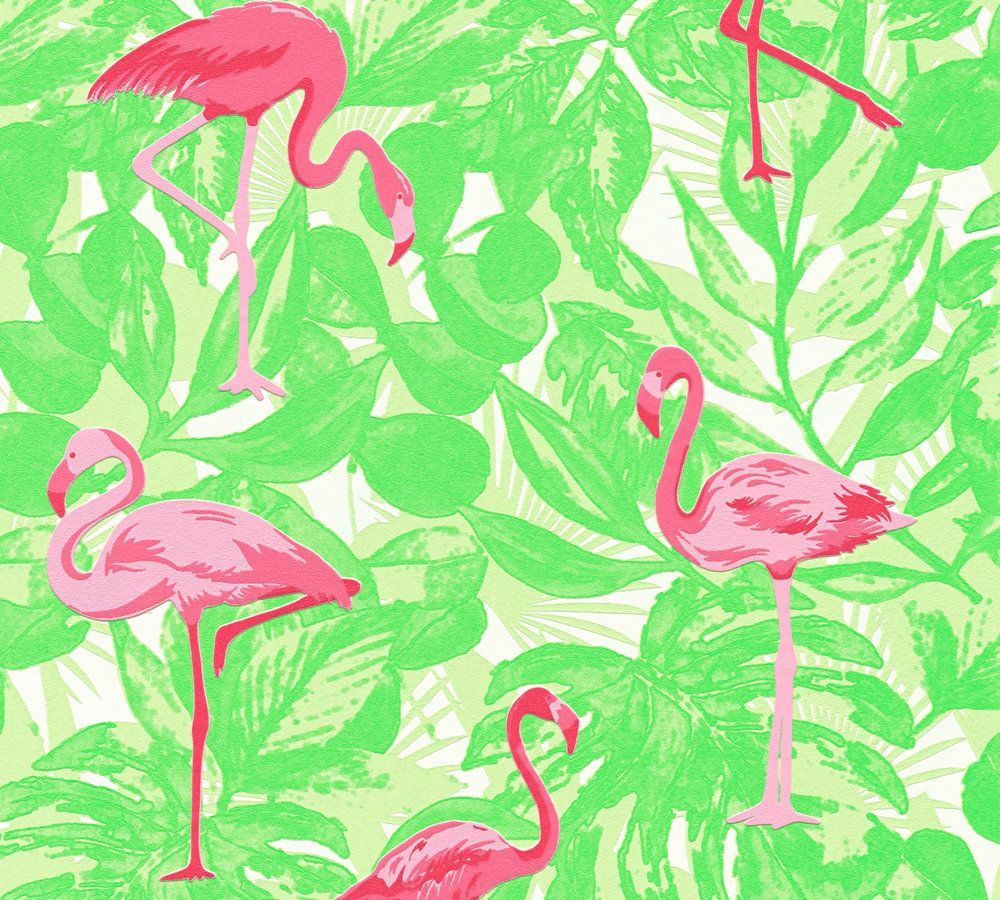 Flamingos, Grüne Blätter, Neongrün, Tropenmuster, Pink, Hintergrundbild für iPad und Tablet