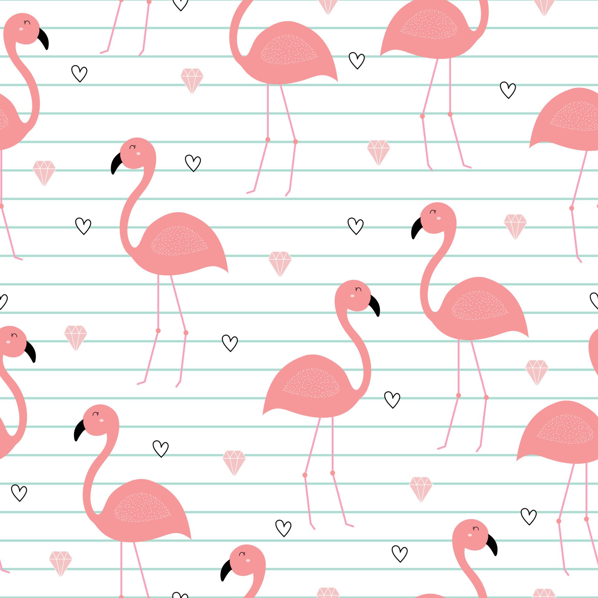 Flamingomuster, Herzen, Streifen, Weißer Hintergrund, Niedlich, Full HD Wallpaper