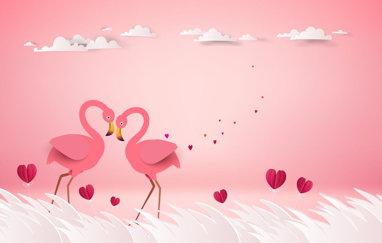 Flamingopaar, Herzen, Liebe, Papierkunst, Rosa Hintergrund, Valentinstag, HD Wallpaper