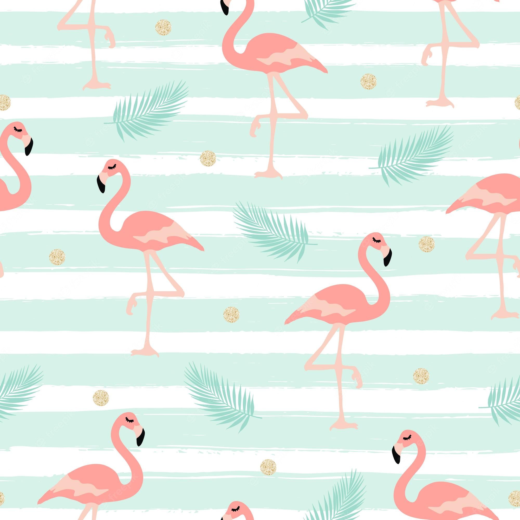 Flamingos, Mintgrüne Streifen, Palmblätter, Muster, Pastell, Full HD, Tablet-Hintergrund