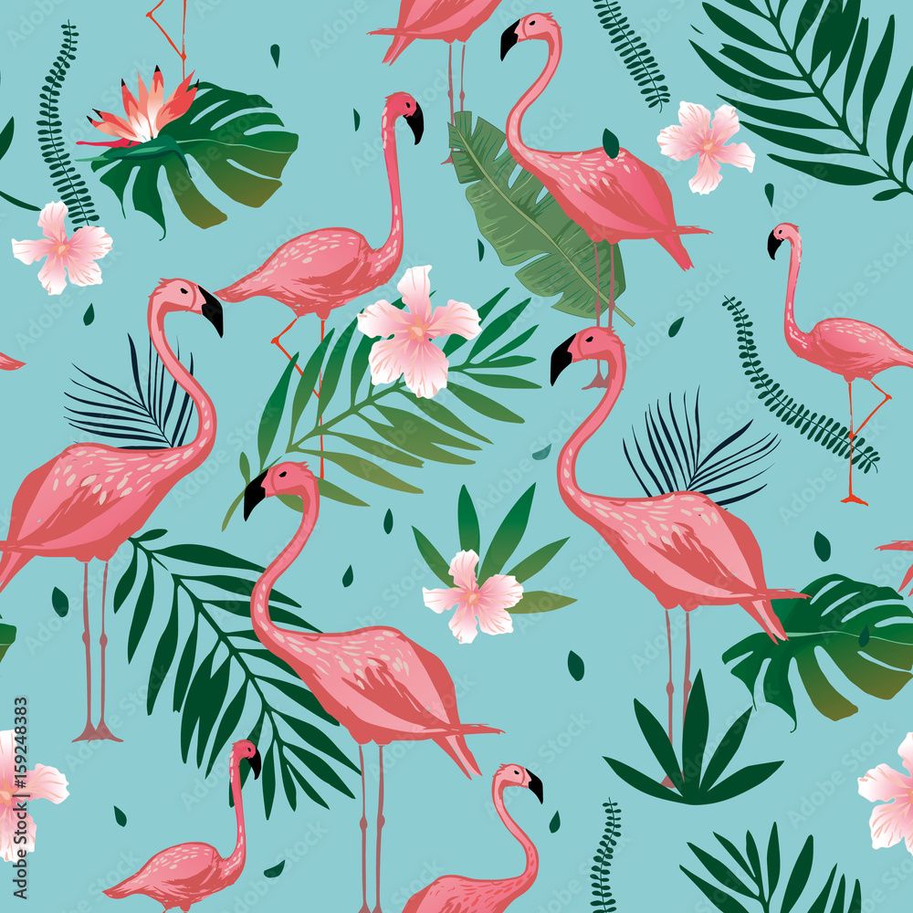Flamingos, Tropenblätter, Blüten, Türkiser Hintergrund, Muster, Wallpaper
