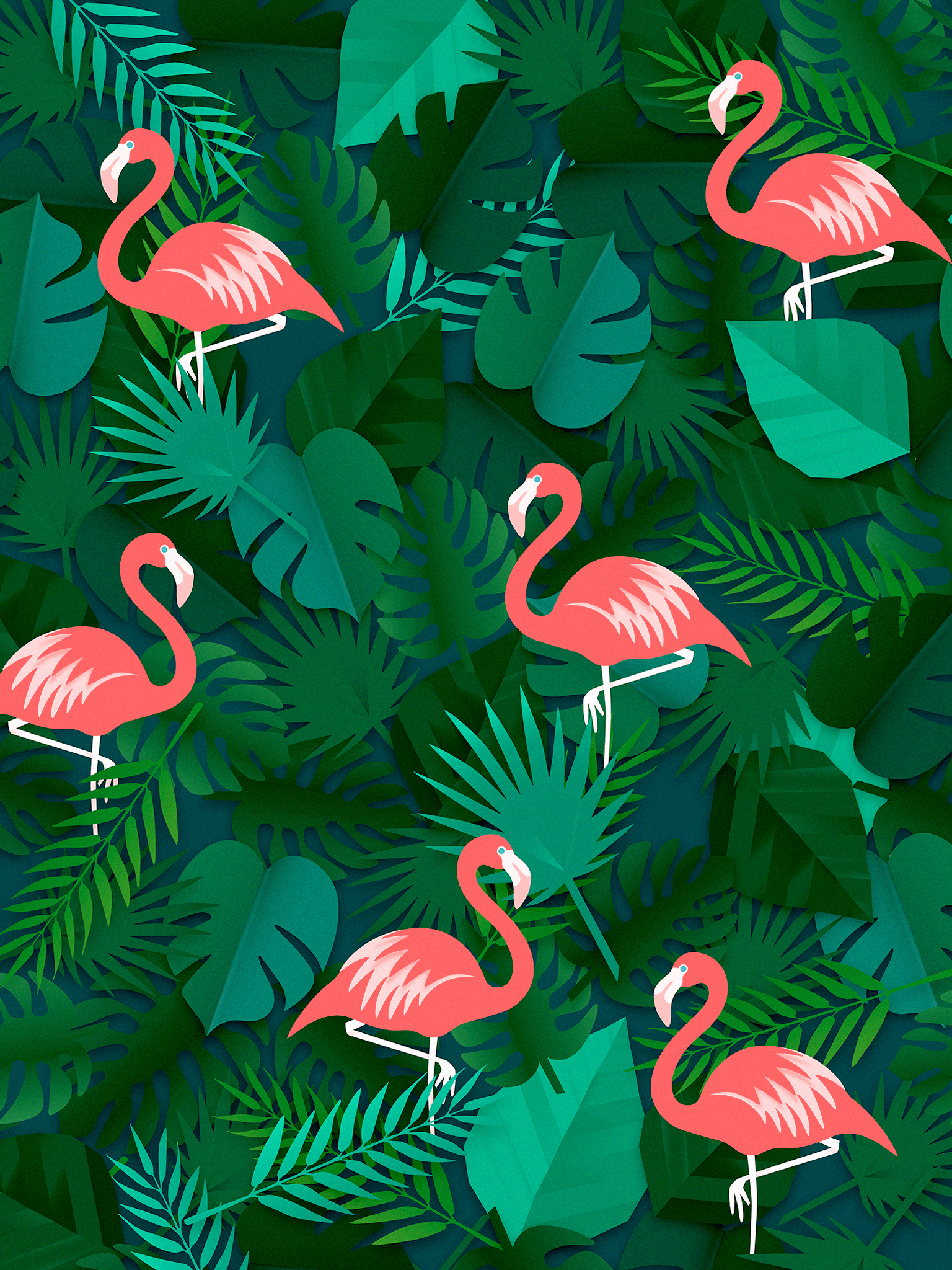 Flamingos, Monstera-Blätter, Dschungel, Dunkelgrün, Muster, QHD+, iPad-Hintergrundbild