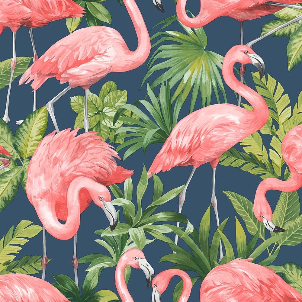 Flamingos, Tropenpflanzen, Dunkelblauer Hintergrund, Muster, Illustration, Wallpaper