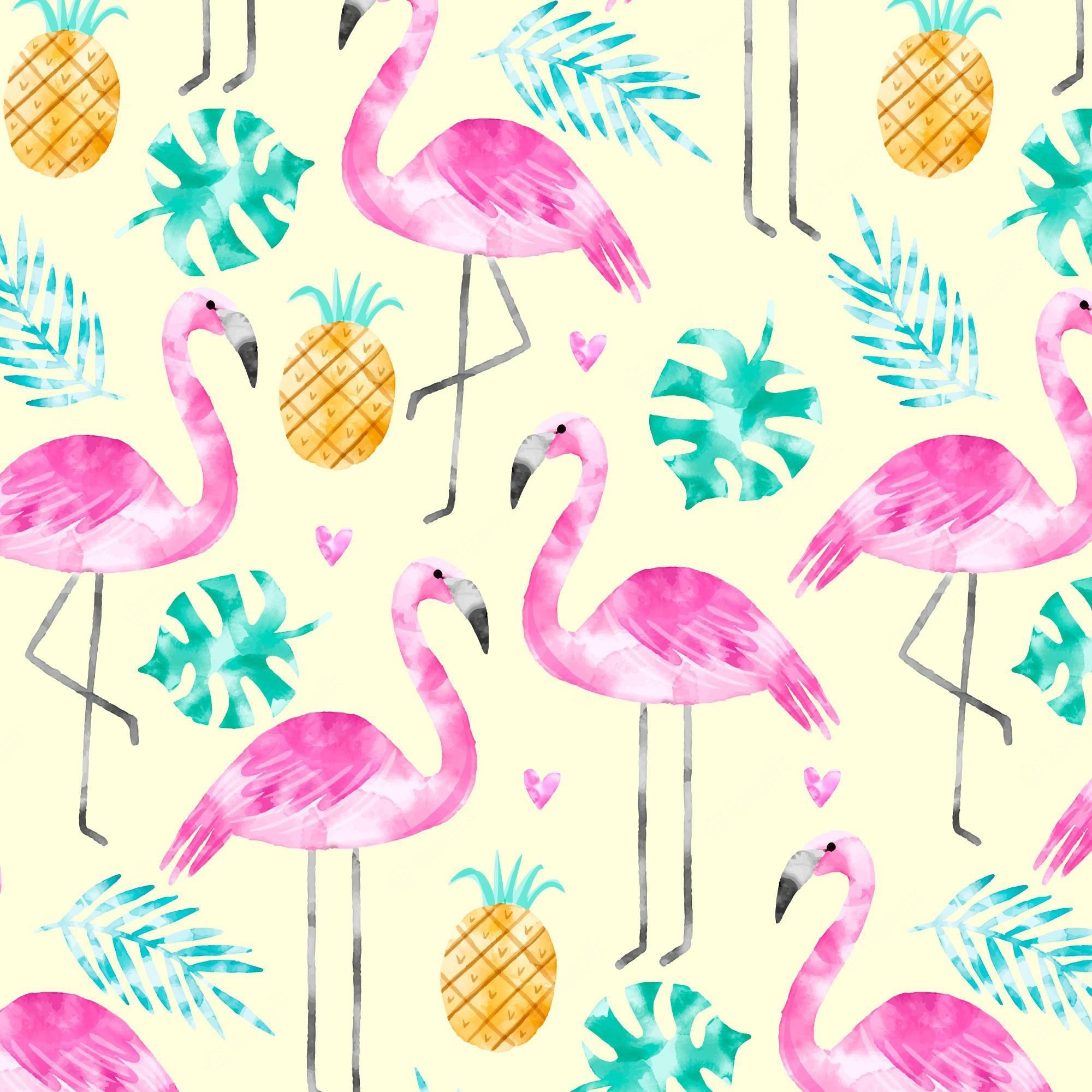 Flamingos, Ananas, Monstera-Blätter, Gelber Hintergrund, Muster, Full HD Wallpaper