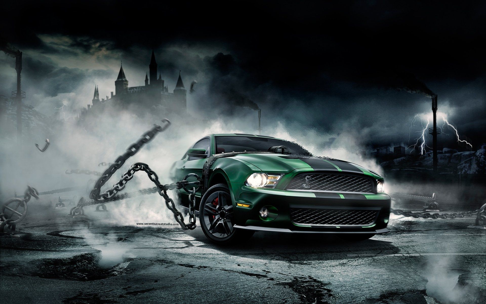Ford Shelby GT500, Ford Mustang, Ketten, Gewitter, Burg, Fotomontage, Full HD, Desktop-Hintergrund