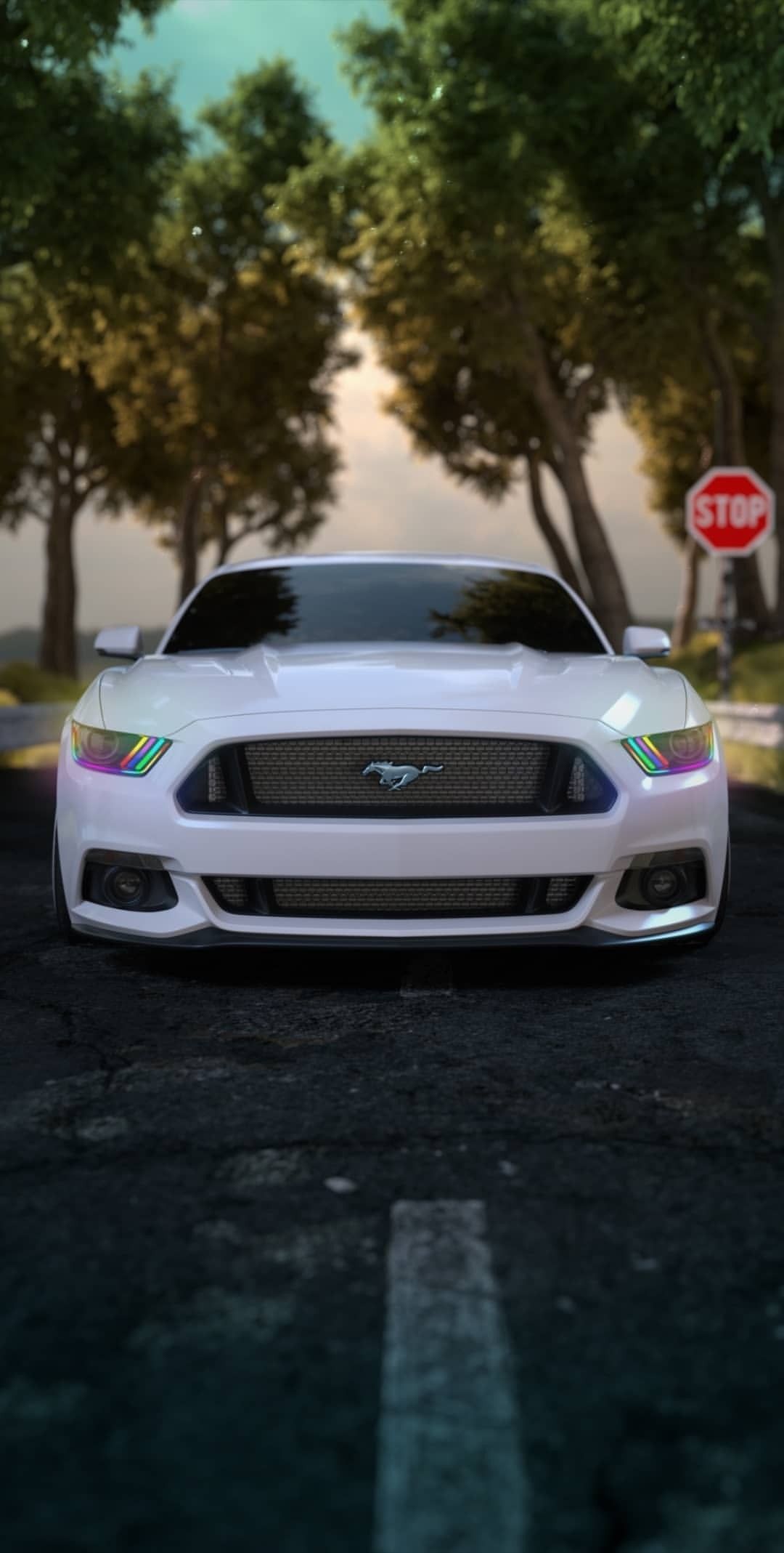 Ford Mustang, Weißes Auto, Straße, Bäume, Frontansicht, Full HD, Sperrbildschirm fürs iPhone