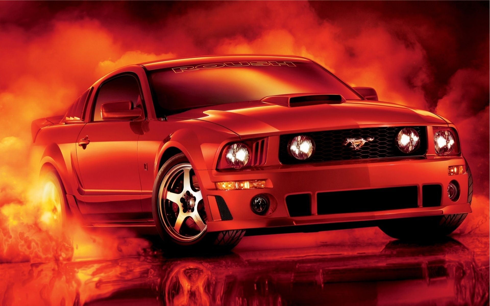 Ford Mustang, Rotes Auto, Feuer, Rauch, Muscle Car, 16:10, Full-HD-Hintergrundbild für den Desktop