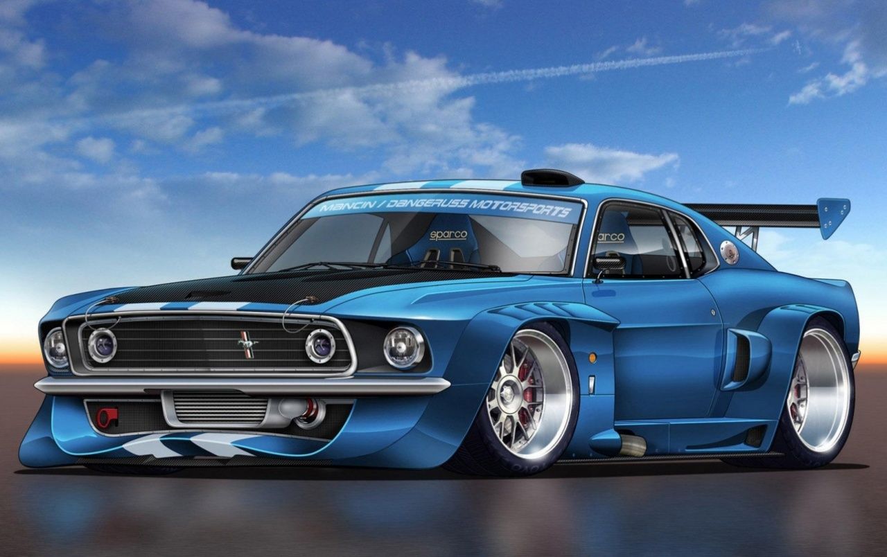 Ford Mustang, Restomod, Breitbau, Blau, Digitale Kunst, HD, Hintergrund für den Desktop