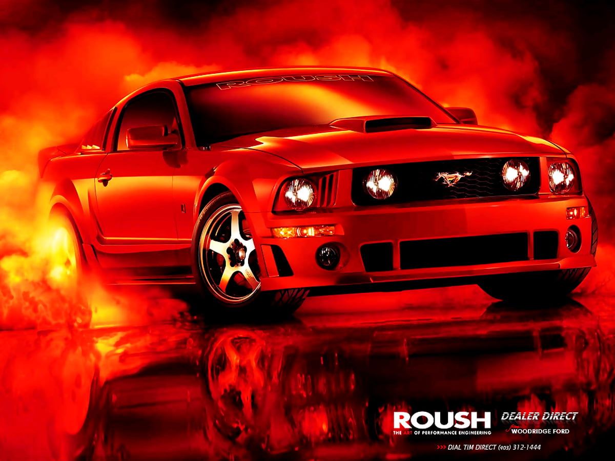 Roush, Ford Mustang, Rotes Auto, Feuer, Spiegelung, Hintergrundbild für iPad und Tablet