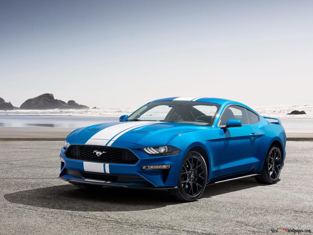 Ford Mustang, Blaues Auto, Küste, Rennstreifen, Felsen, Hintergrundbild für iPad und Tablet
