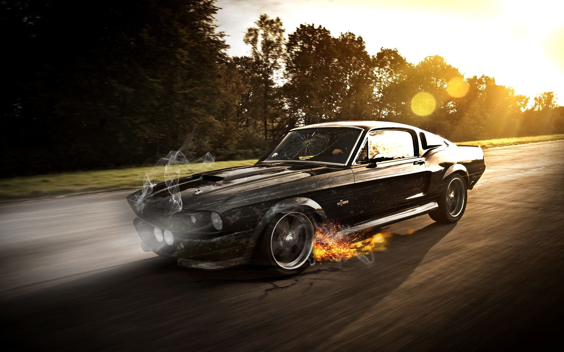Ford Mustang, Fastback, Schwarzes Auto, Flammen, Oldtimer, Sonnenuntergang, Full HD, MacBook-Hintergrundbild