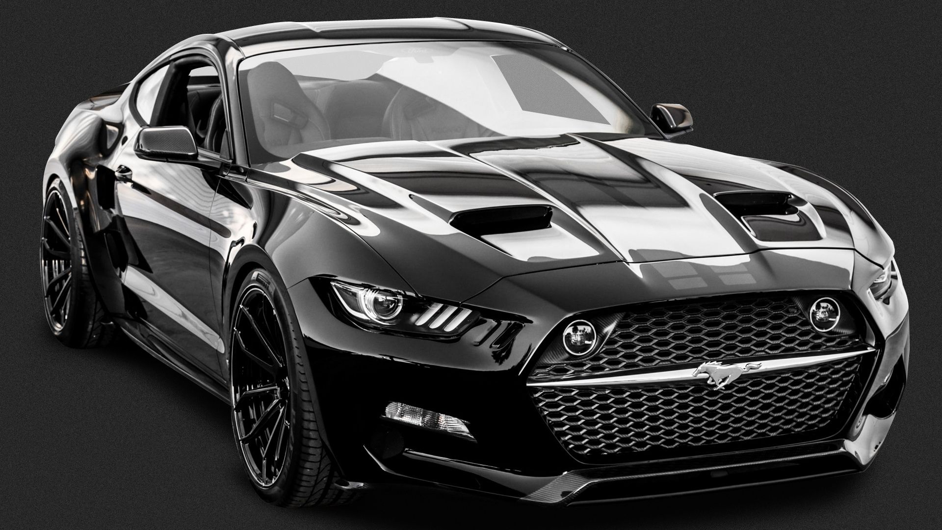 Ford Mustang, Schwarzes Auto, Tuning, Schwarz-Weiß, Frontansicht, Full HD, Laptop-Hintergrundbild