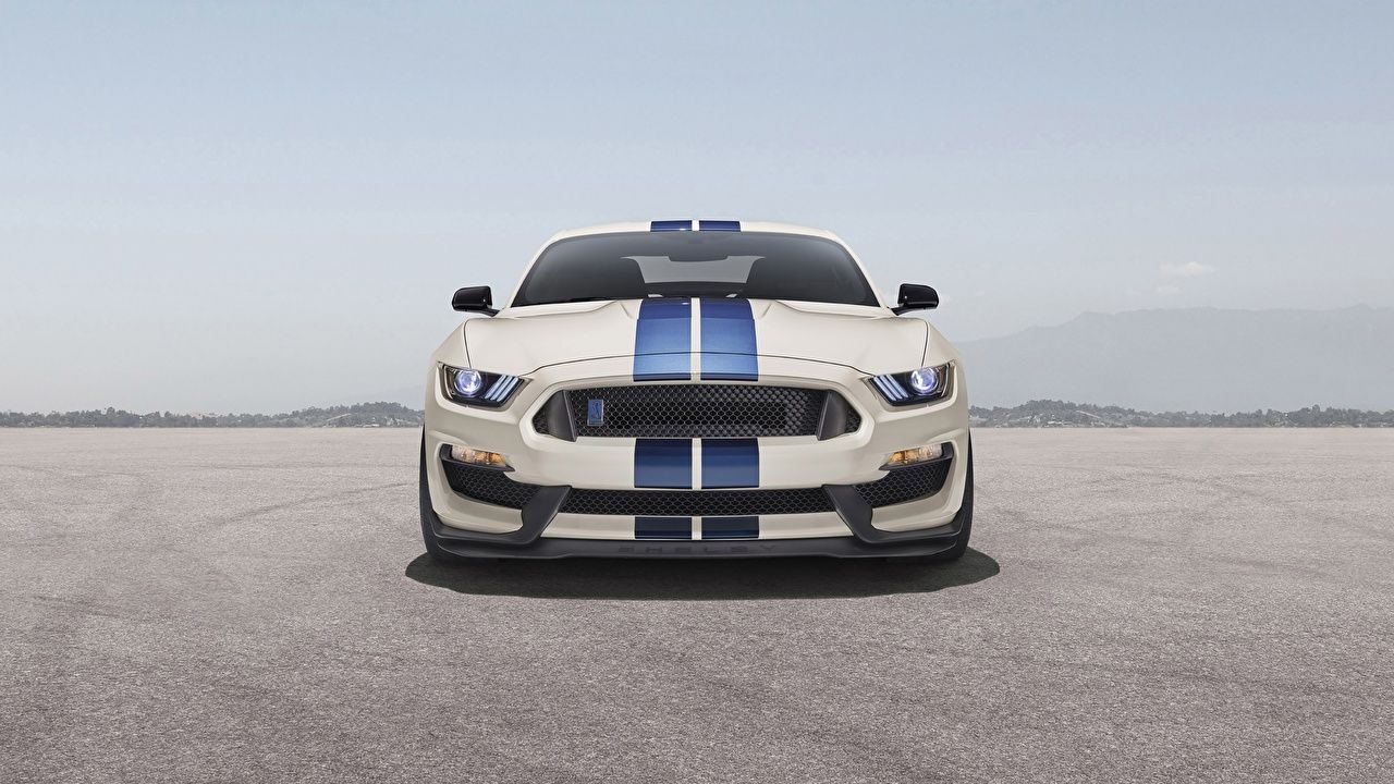 Ford Shelby GT350, Ford Mustang, Weißes Auto, Blaue Streifen, Frontansicht, HD-Hintergrundbild für PC