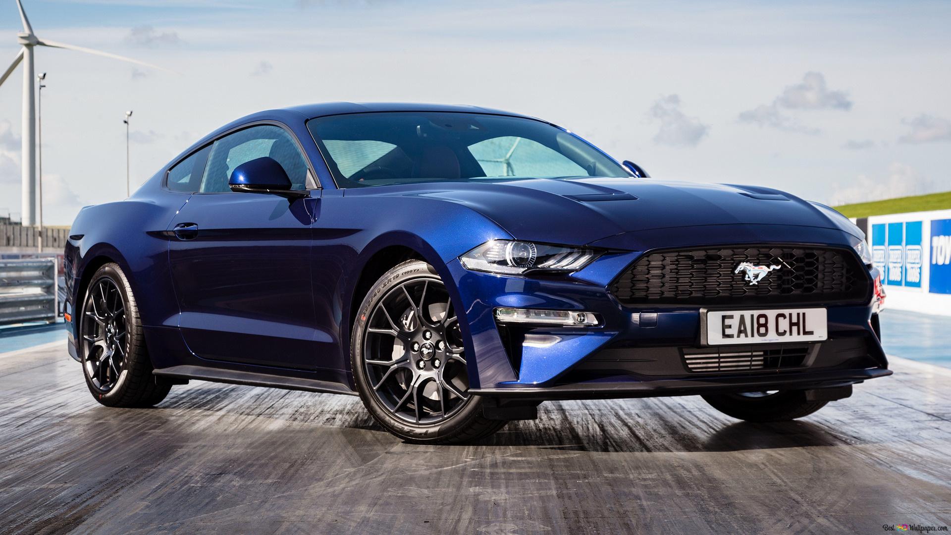 Ford Mustang, Dunkelblau, Rennstrecke, Frontansicht, Coupé, 1920x1080, PC-Hintergrundbild