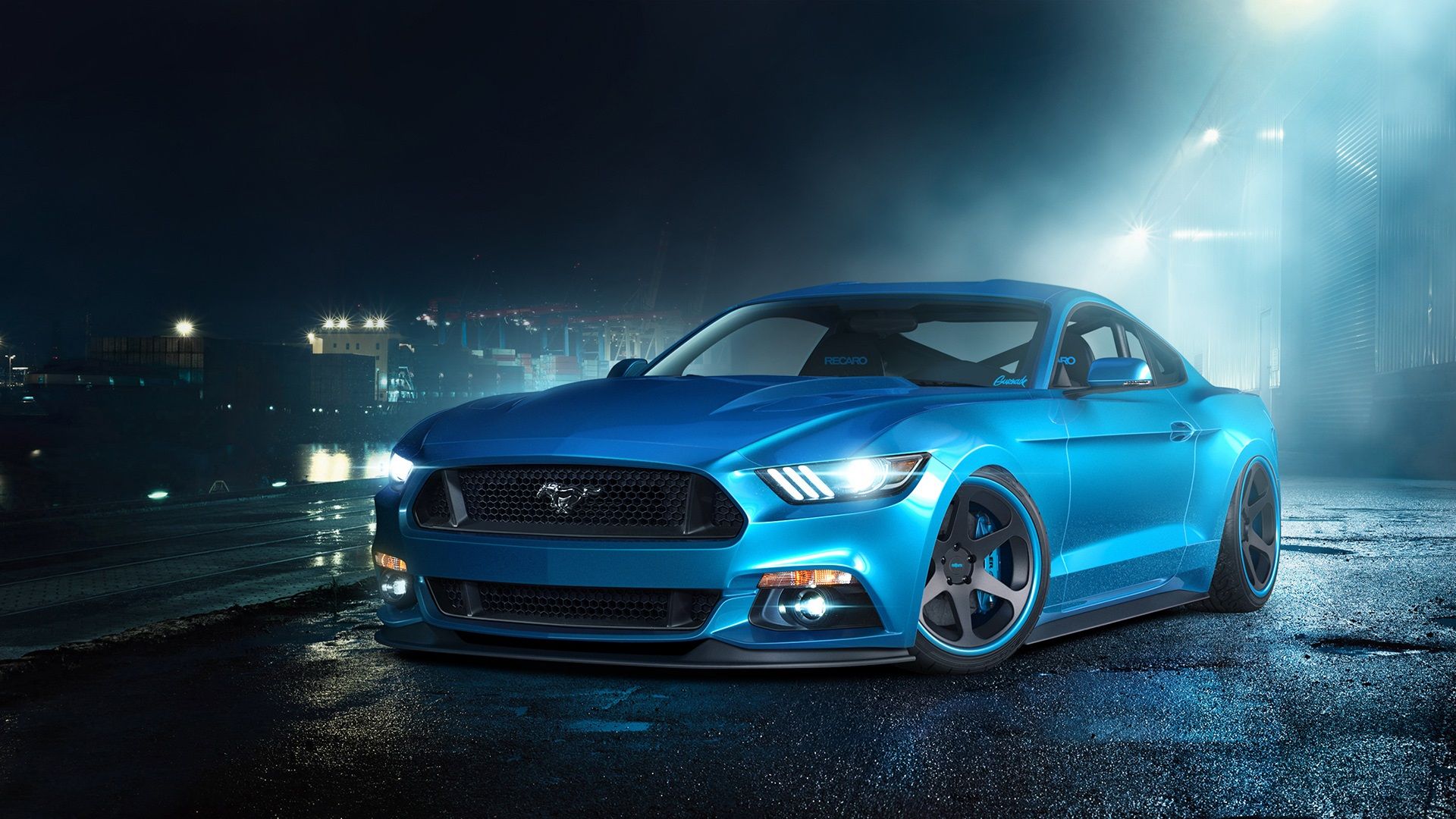 Ford Mustang, Hellblaues Auto, Nacht, Scheinwerfer, Straße, Full HD, Windows-Hintergrundbild