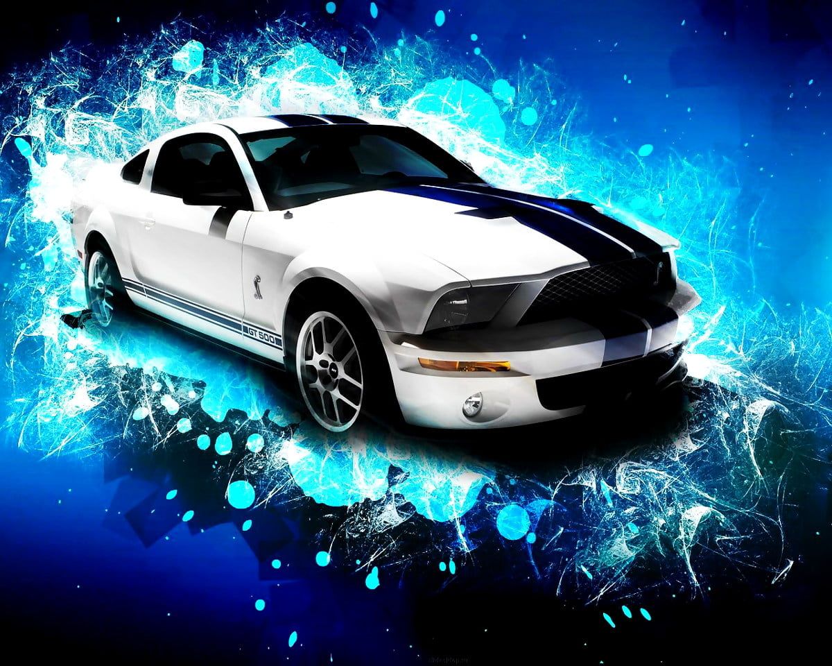 Ford Mustang, Weißes Auto, Rennstreifen, Farbspritzer, Digitale Kunst, Hintergrundbild