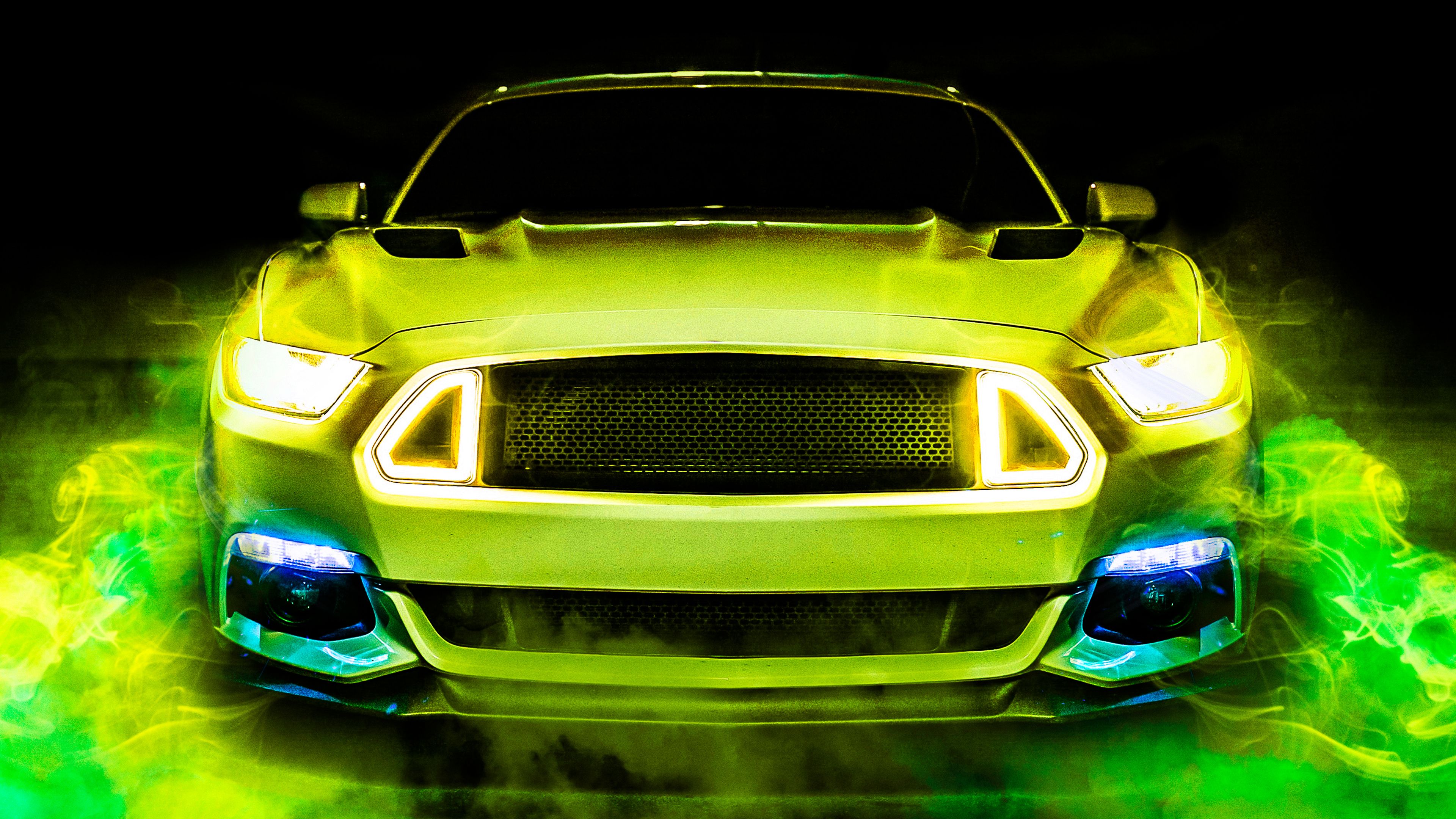 Ford Mustang, Neongrün, Leuchtende Scheinwerfer, Digitale Kunst, Frontansicht, 2160p-Hintergrundbild