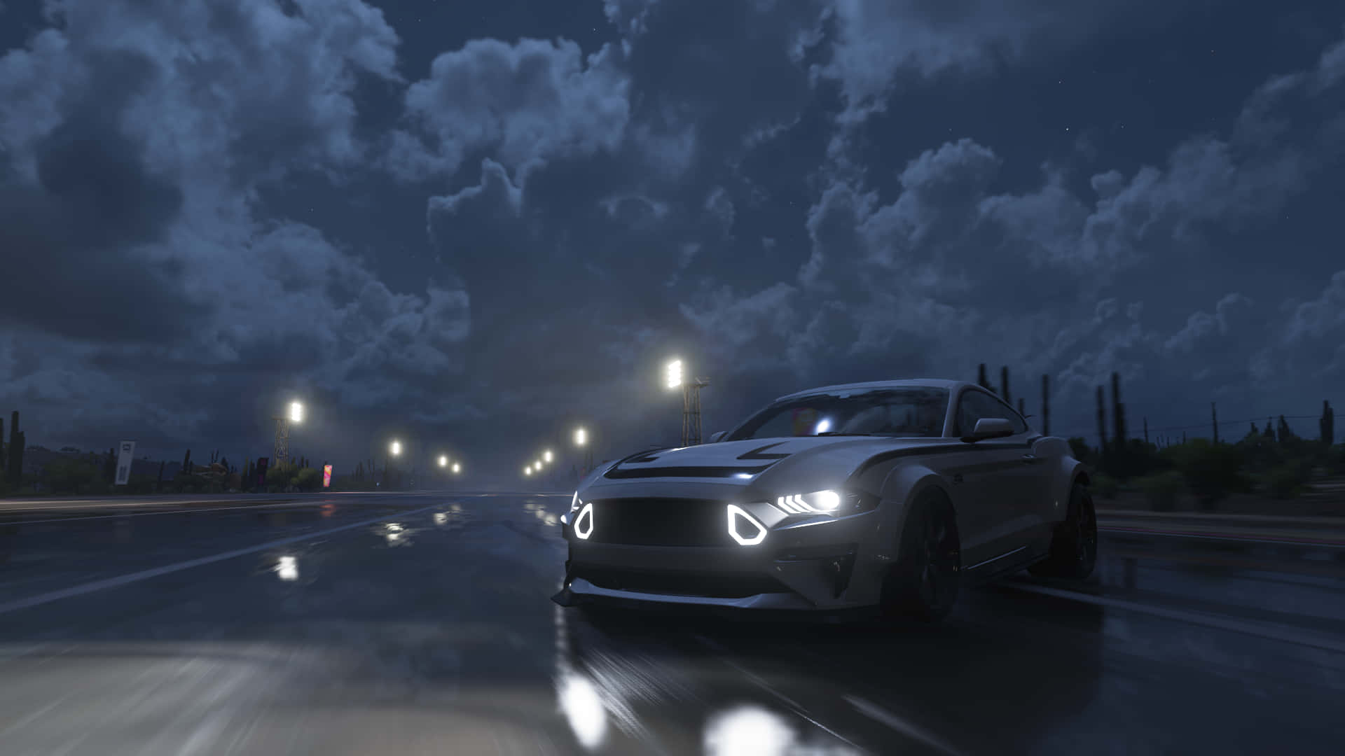 Ford Mustang, Nacht, Straßenlaternen, Gewitterwolken, Scheinwerfer, Full HD, PC-Hintergrundbild