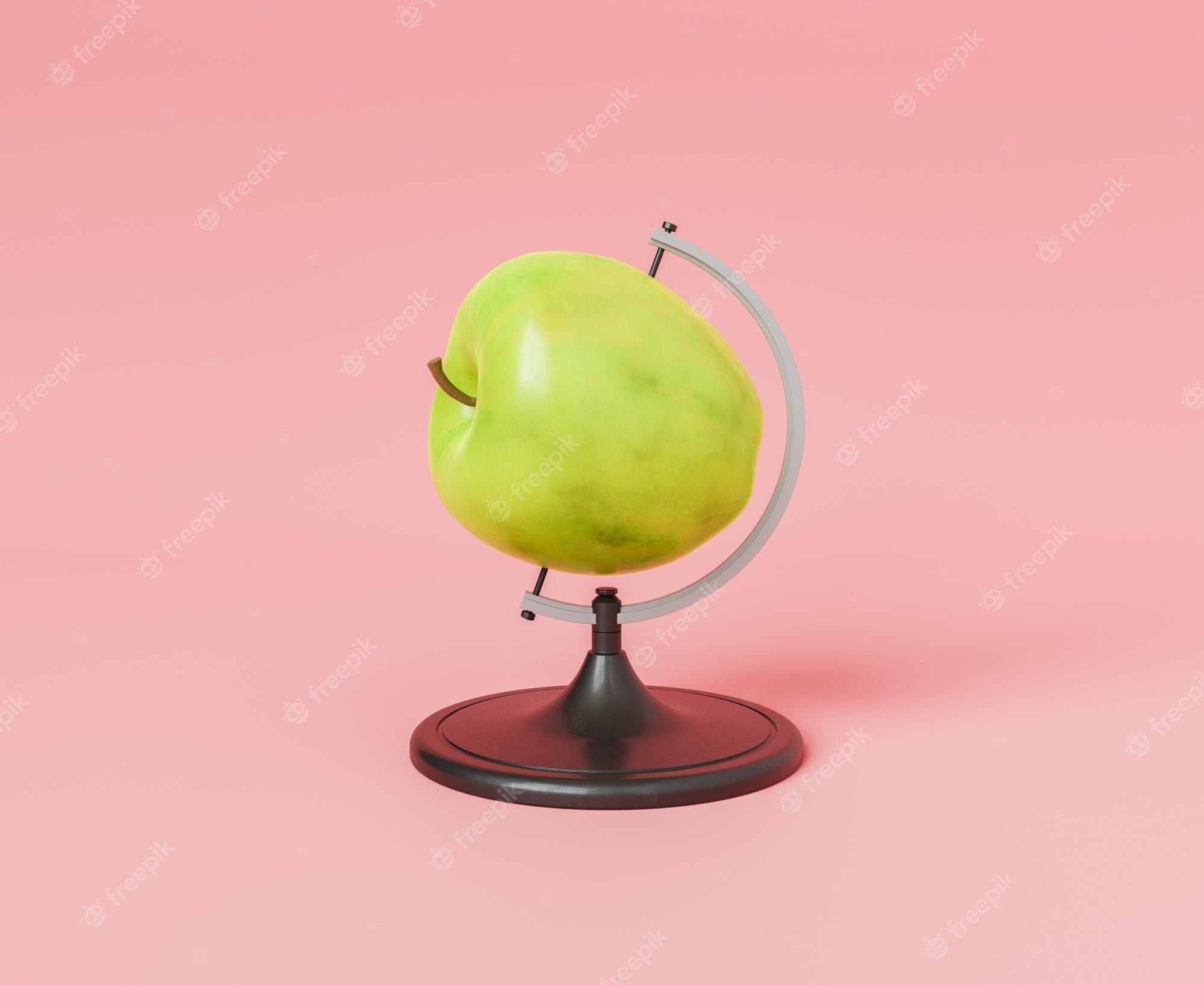 Grüner Apfel, Globus, Rosa Hintergrund, Surreal, Full HD Wallpaper