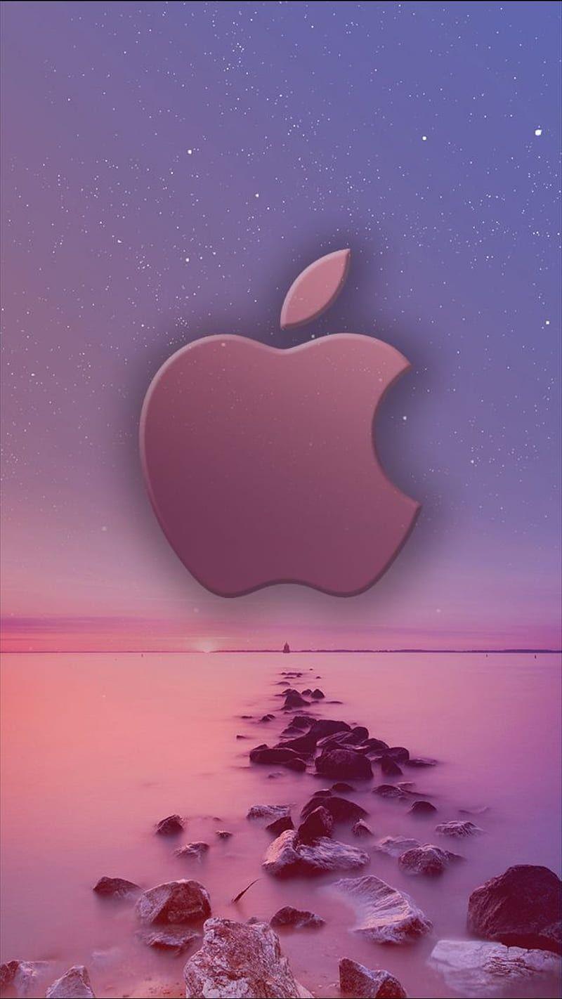 Apple-Logo, Meer, Steine, Lila, Dämmerung, HD, Handy-Hintergrund im Hochformat