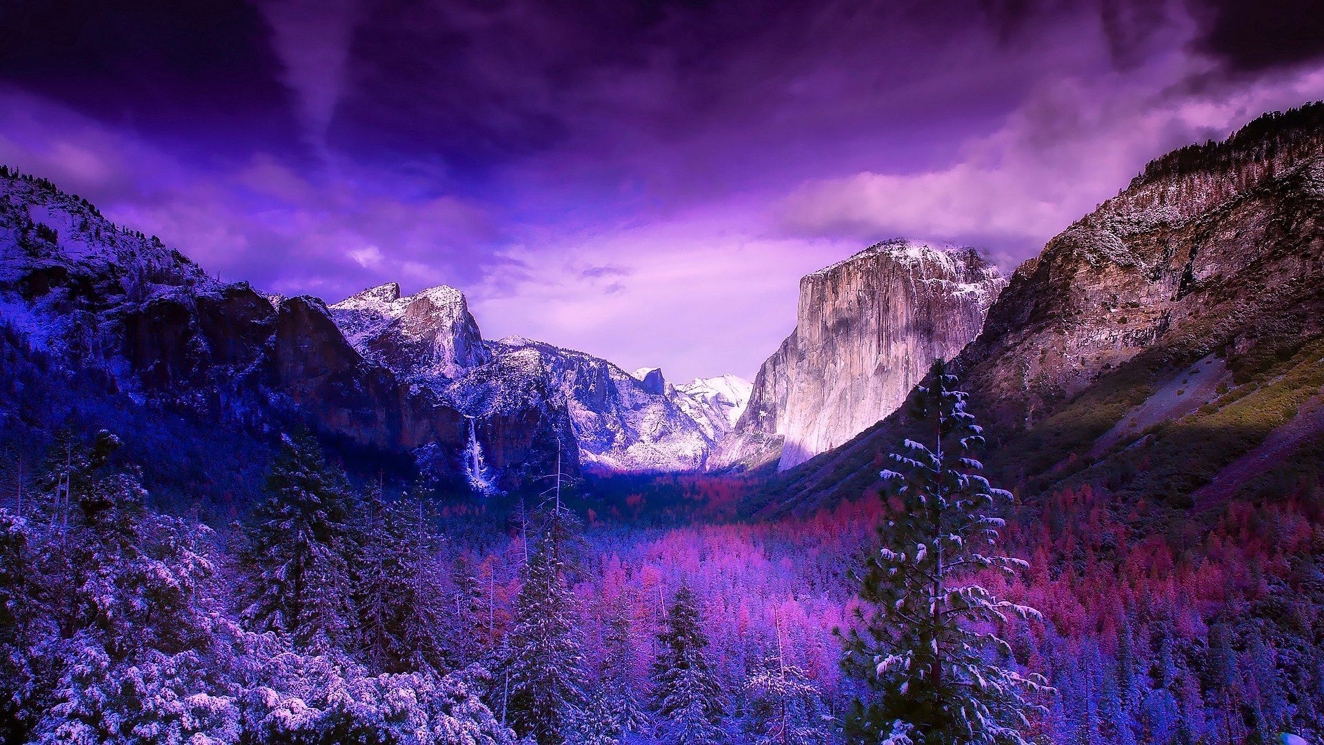 Yosemite Valley, Yosemite-Nationalpark, Lila Wald, Berge, Bearbeitet, Full HD, PC-Hintergrundbild