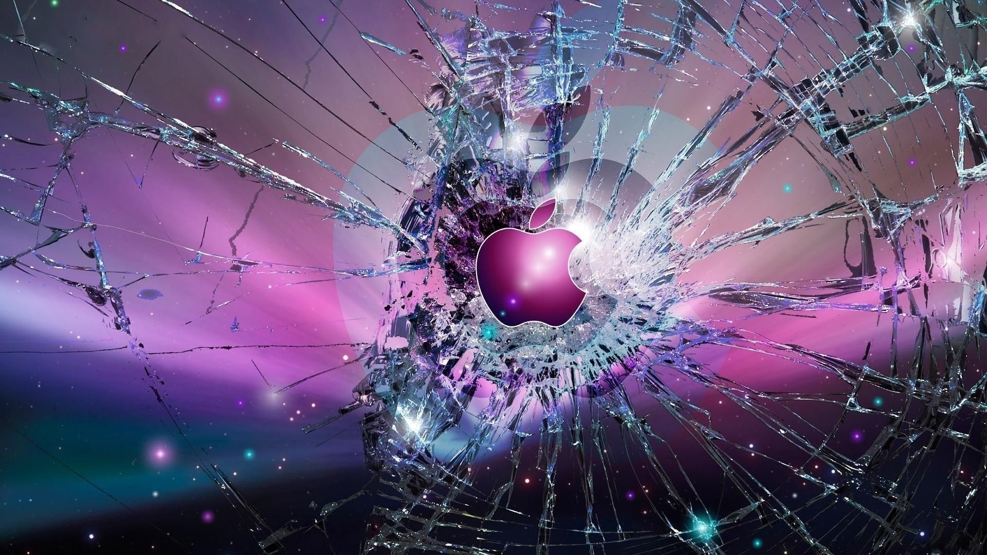 Apple-Logo, Zerbrochenes Glas, Weltraum, Lila, Pink, Full HD 1080p, Desktop-Hintergrundbild
