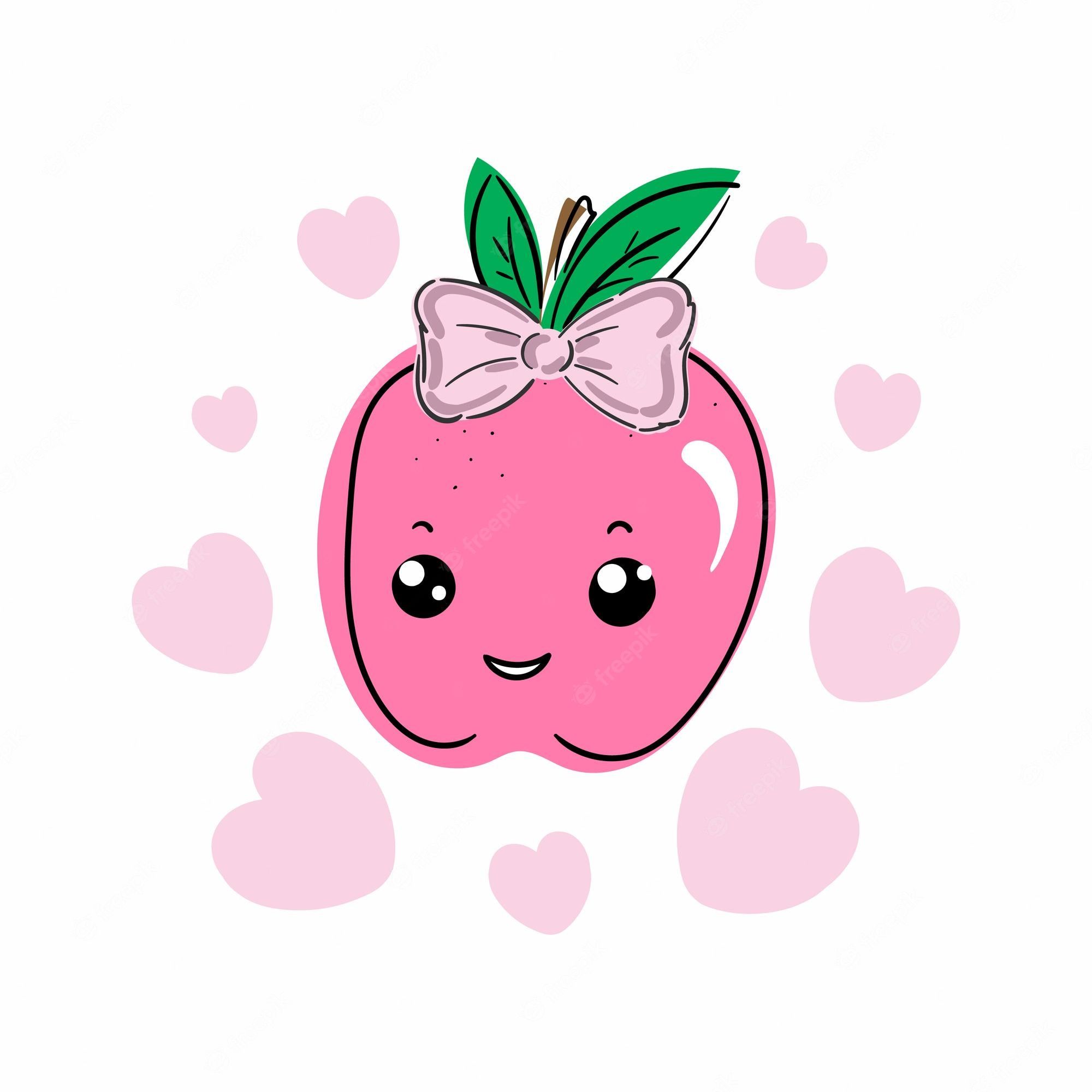 Apfel, Kawaii, Schleife, Herzen, Rosa, Weißer Hintergrund, Full HD Wallpaper