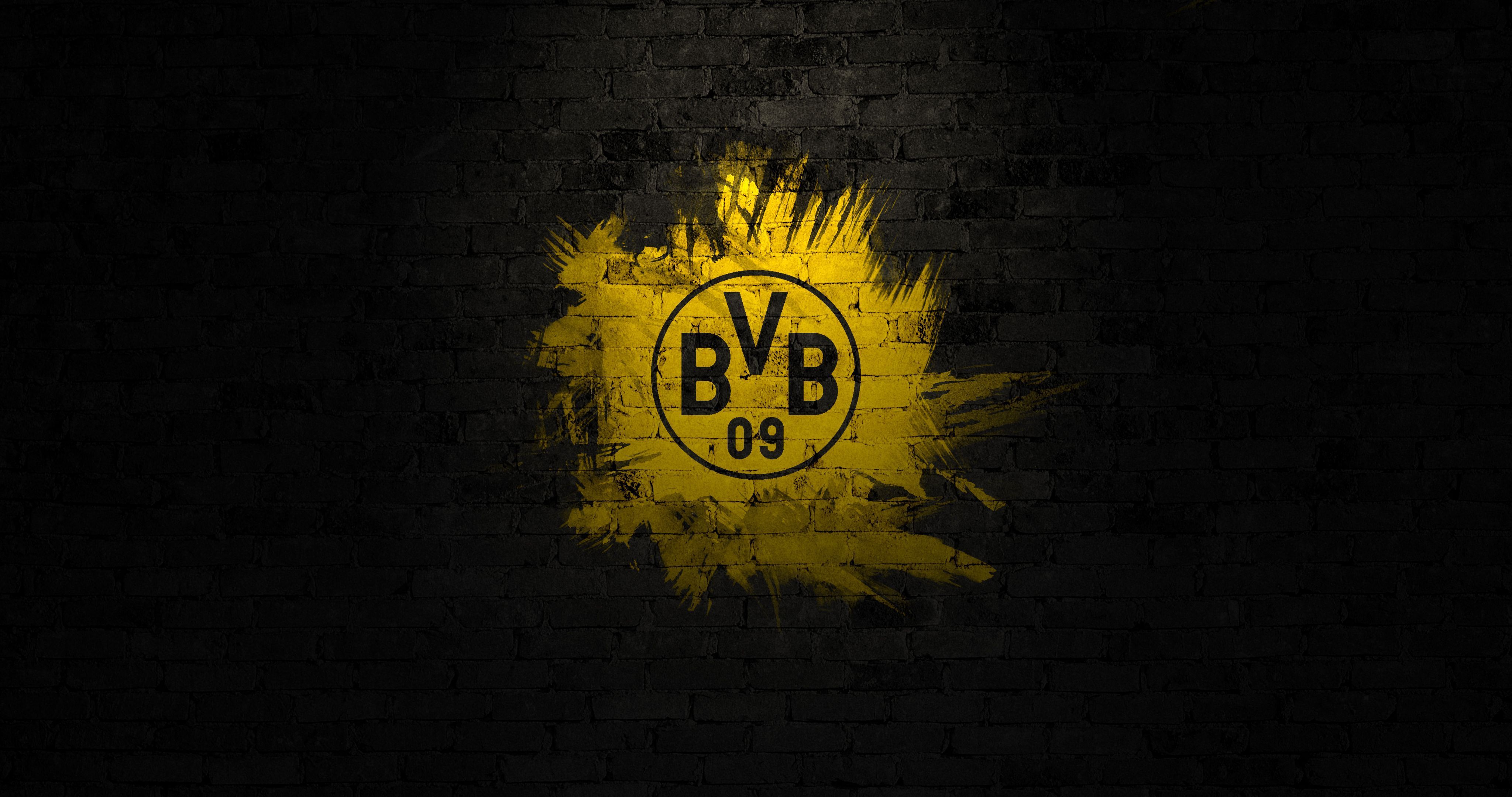 BVB-Logo, Borussia Dortmund, Farbspritzer, Ziegelwand, Schwarzer Hintergrund, 4K Wallpaper