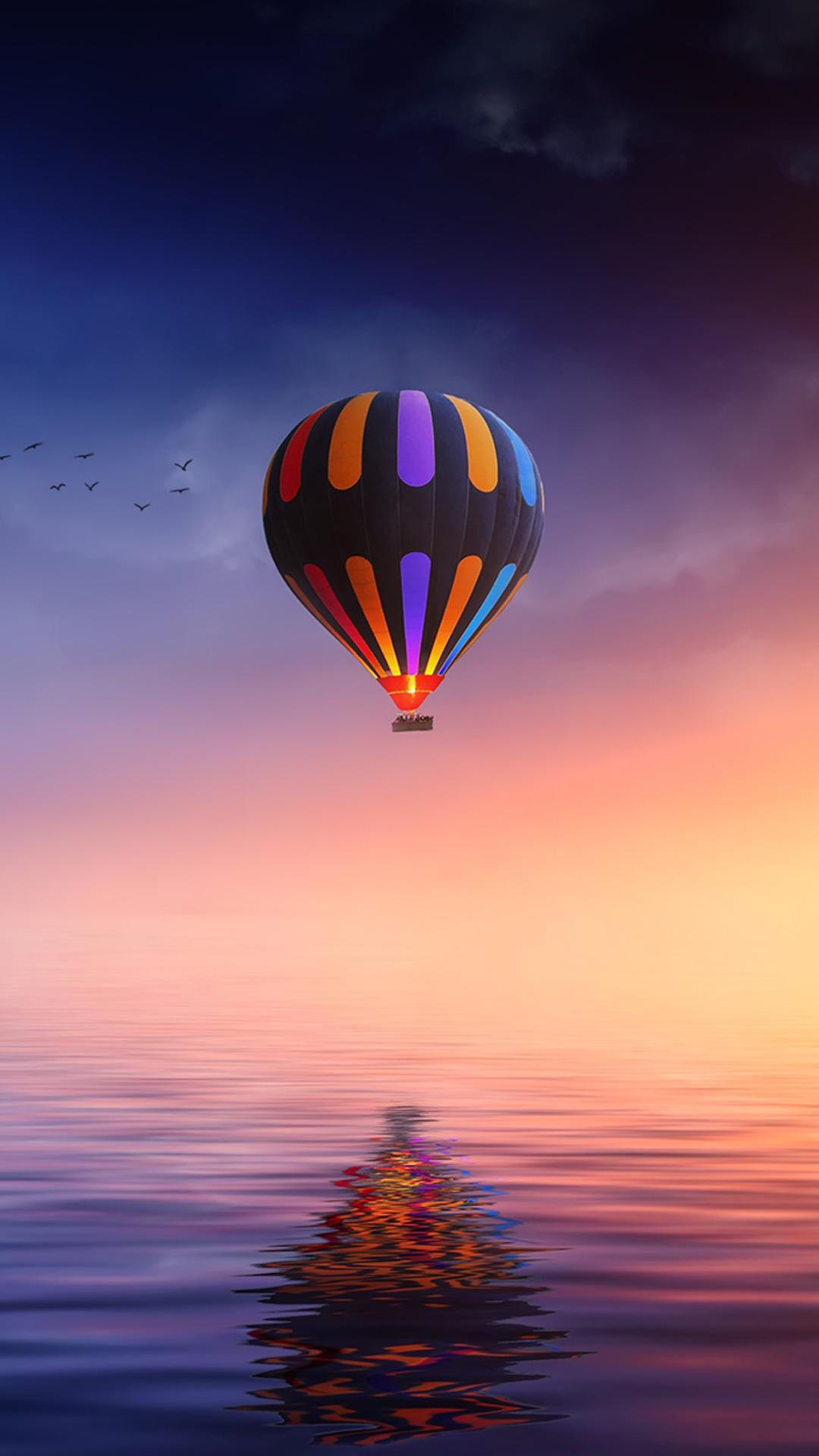 Heißluftballon, Meer, Sonnenuntergang, Spiegelung, Pastell, Hintergrundbild fürs Handy