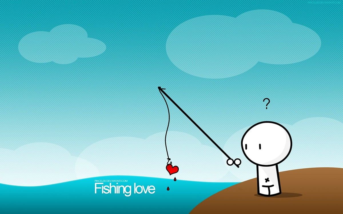 Fishing love, Angel, Herz, Strichmännchen, Meer, Cartoon, Hintergrund