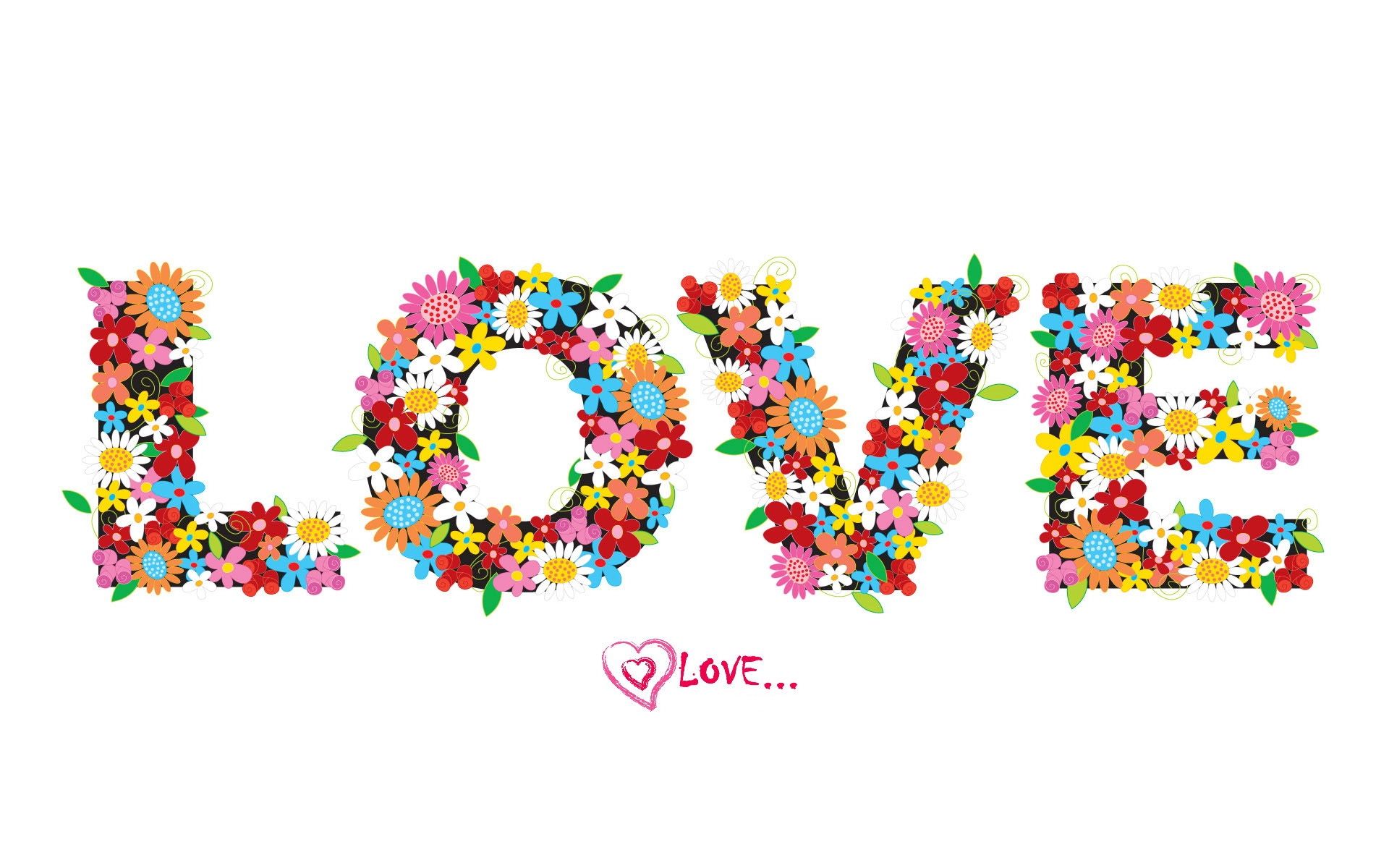 Love, Blumenbuchstaben, Schriftzug, Bunt, Weißer Hintergrund, Full HD Wallpaper