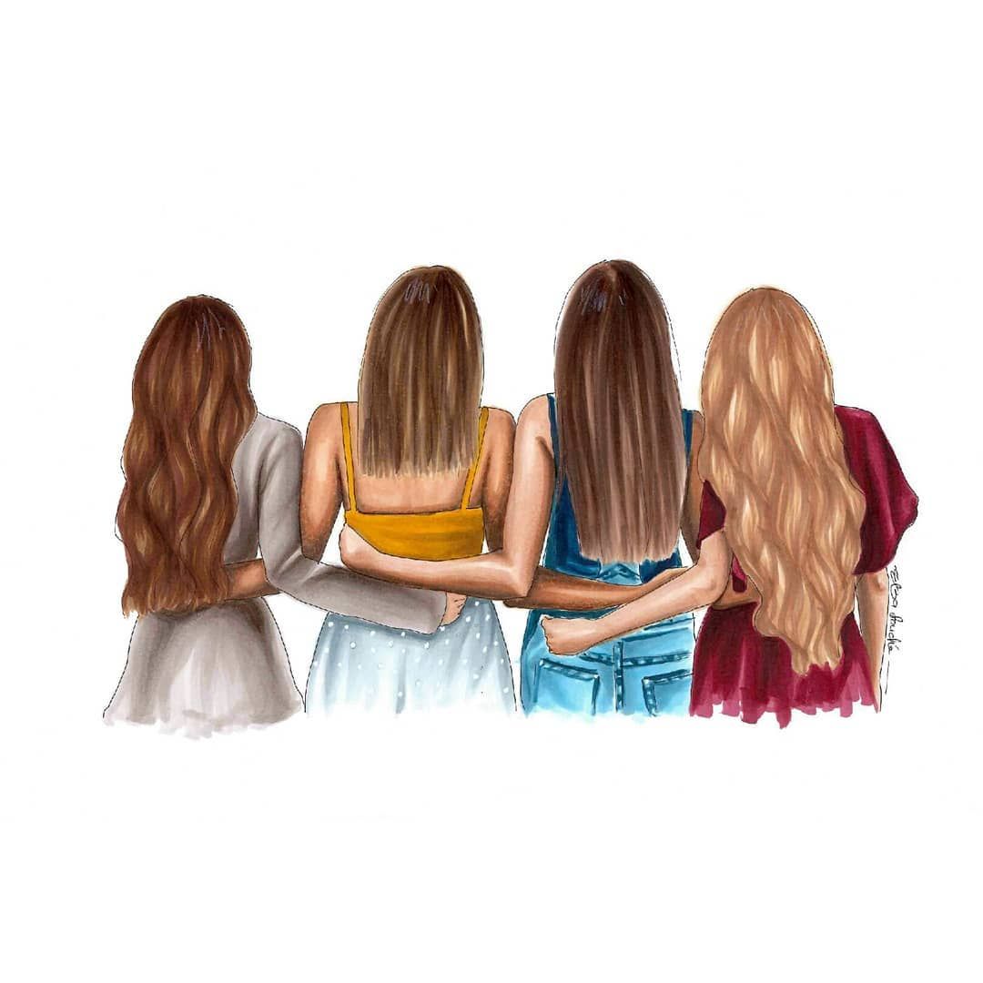 Freundinnen, Umarmung, Rückenansicht, Illustration, Langes Haar, Hintergrundbild fürs iPad