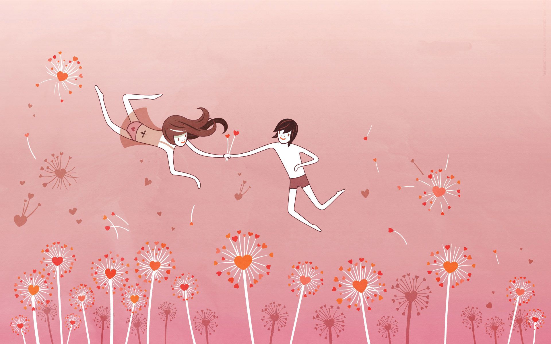 Paar, Pusteblumen, Fliegen, Illustration, Rosa, 16:10, Full-HD-Hintergrundbild für den Desktop
