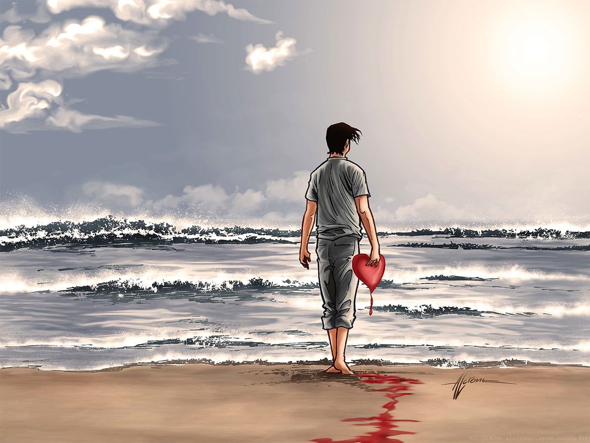 Mann, Strand, Herz, Meer, Wolken, Einsamkeit, Hintergrundbild für iPad und Tablet