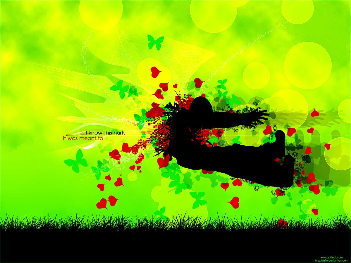 Silhouette, Herzen, Schmetterlinge, Grün, Digitale Kunst, Hintergrundbild fürs iPad