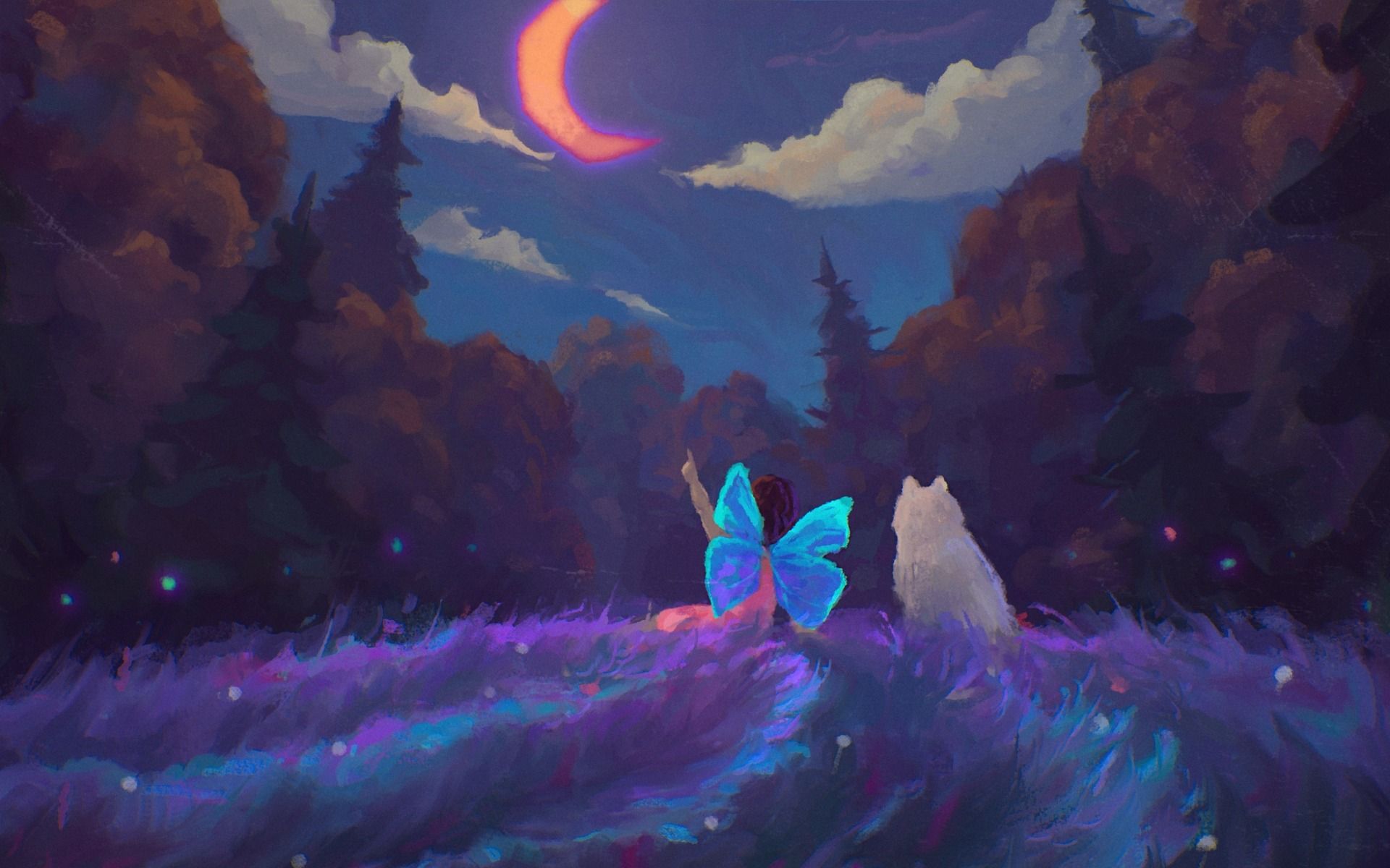 Schmetterling, Katze, Mondsichel, Nachtwald, Fantasy, Illustration, Full HD, MacBook-Hintergrundbild
