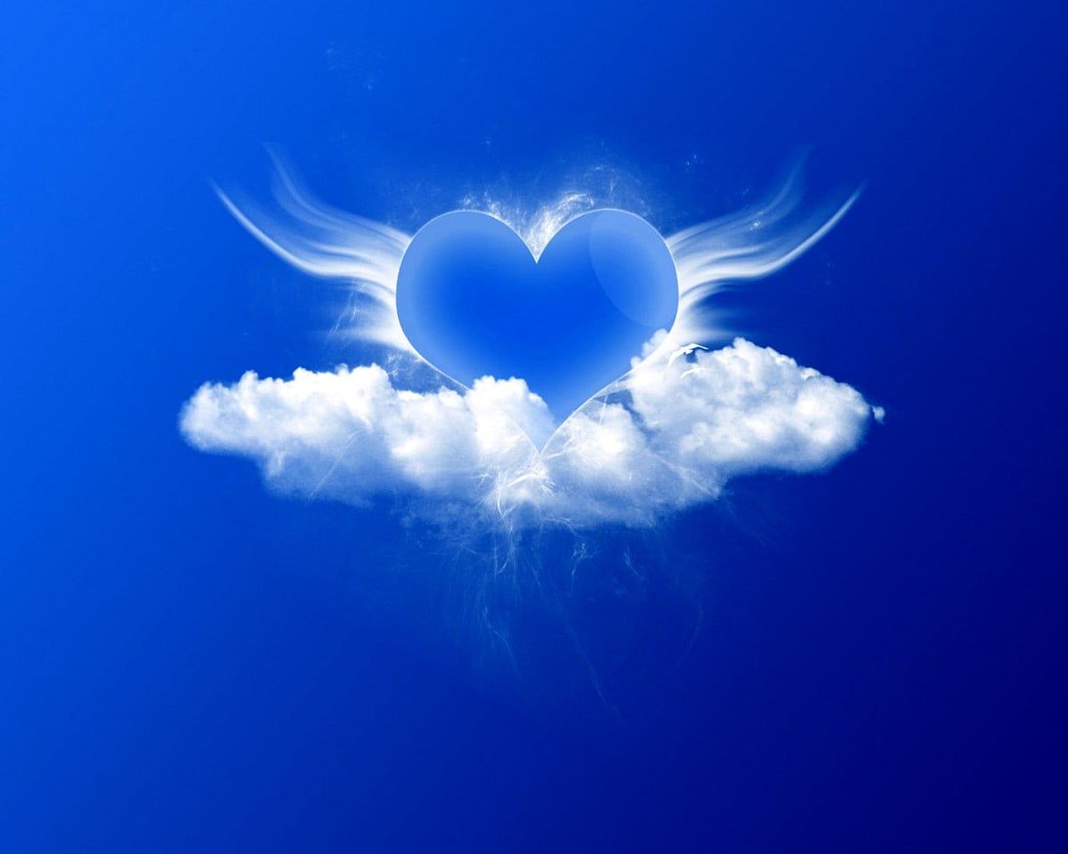 Herz, Wolke, Flügel, Blauer Hintergrund, Fantasy, Wallpaper