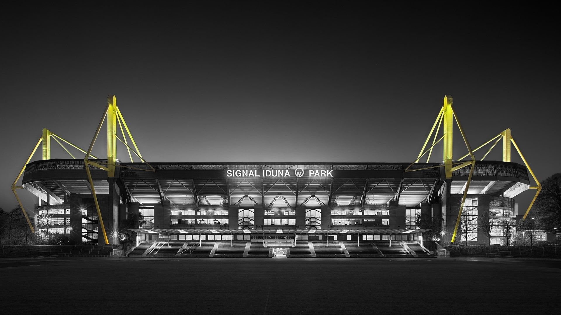 Signal Iduna Park, Westfalenstadion, Dortmund, Schwarzweiß, Nacht, Full HD, Breitbild-Hintergrundbild