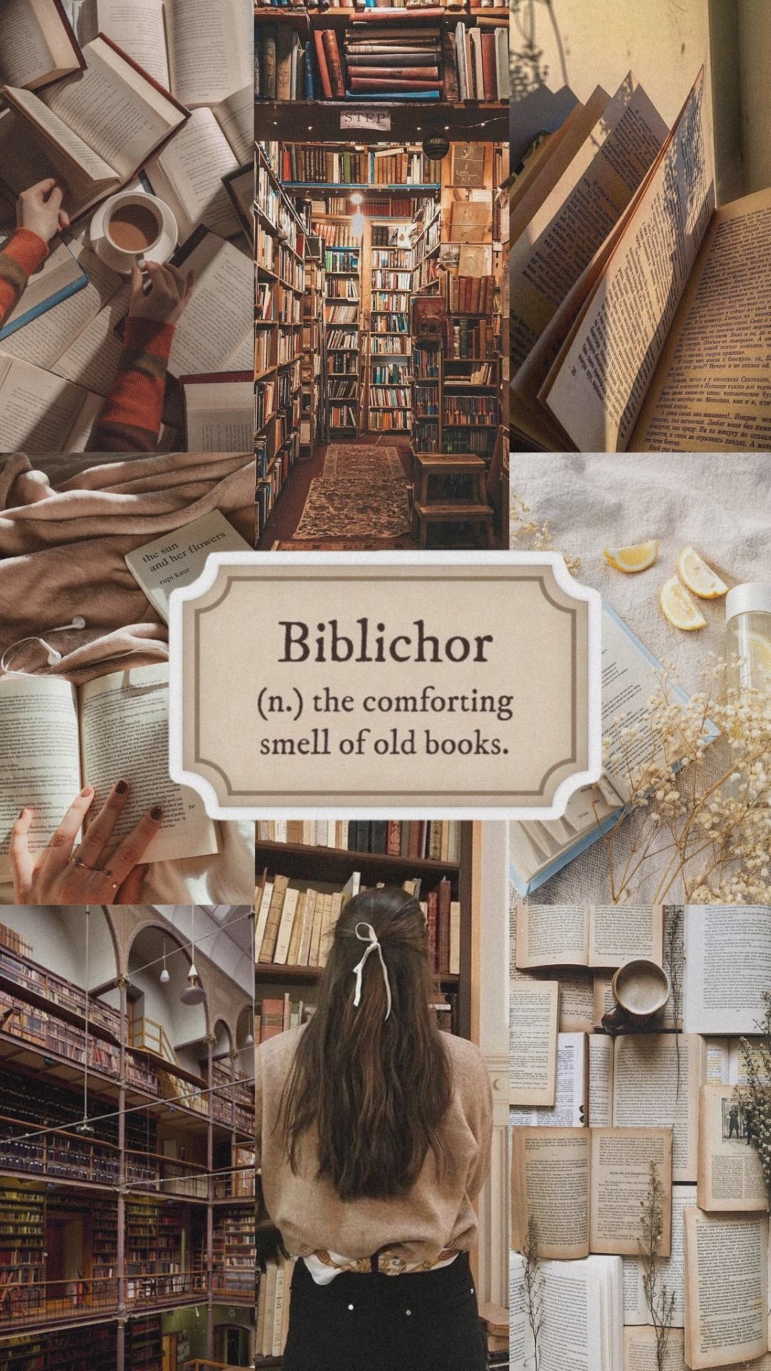 Biblichor, Collage, Bücher, Ästhetik, Beige, Full HD, Handy-Hintergrund im Hochformat