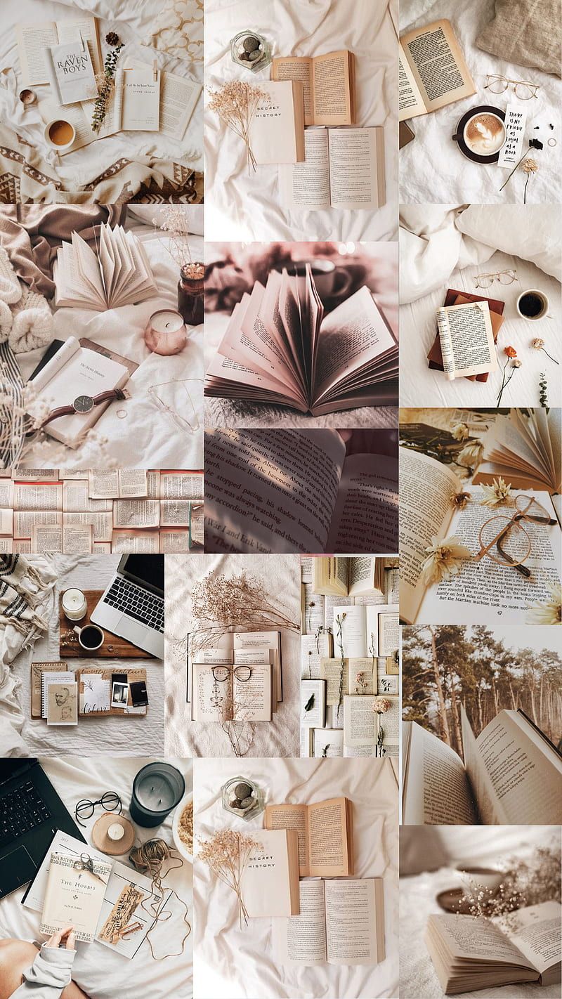 Buch-Collage, Rosa Töne, Blumen, Ästhetik, Lesen, HD, Hintergrundbild fürs Handy