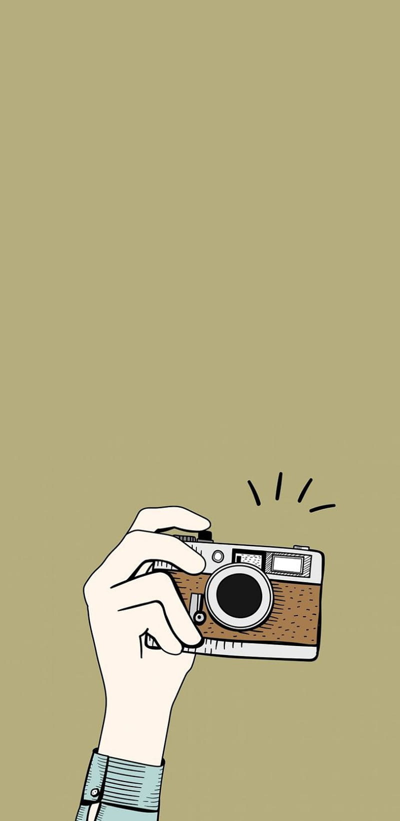 Hand mit Kamera, Illustration, Olivgrüner Hintergrund, Retro-Kamera, Minimalistisch, Sperrbildschirm