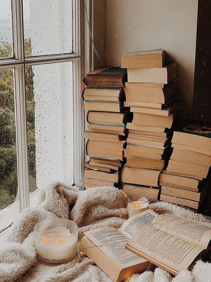 Bücherstapel, Fenster, Kerze, Decke, Gemütlich, Tageslicht, HD, iPad-Hintergrundbild