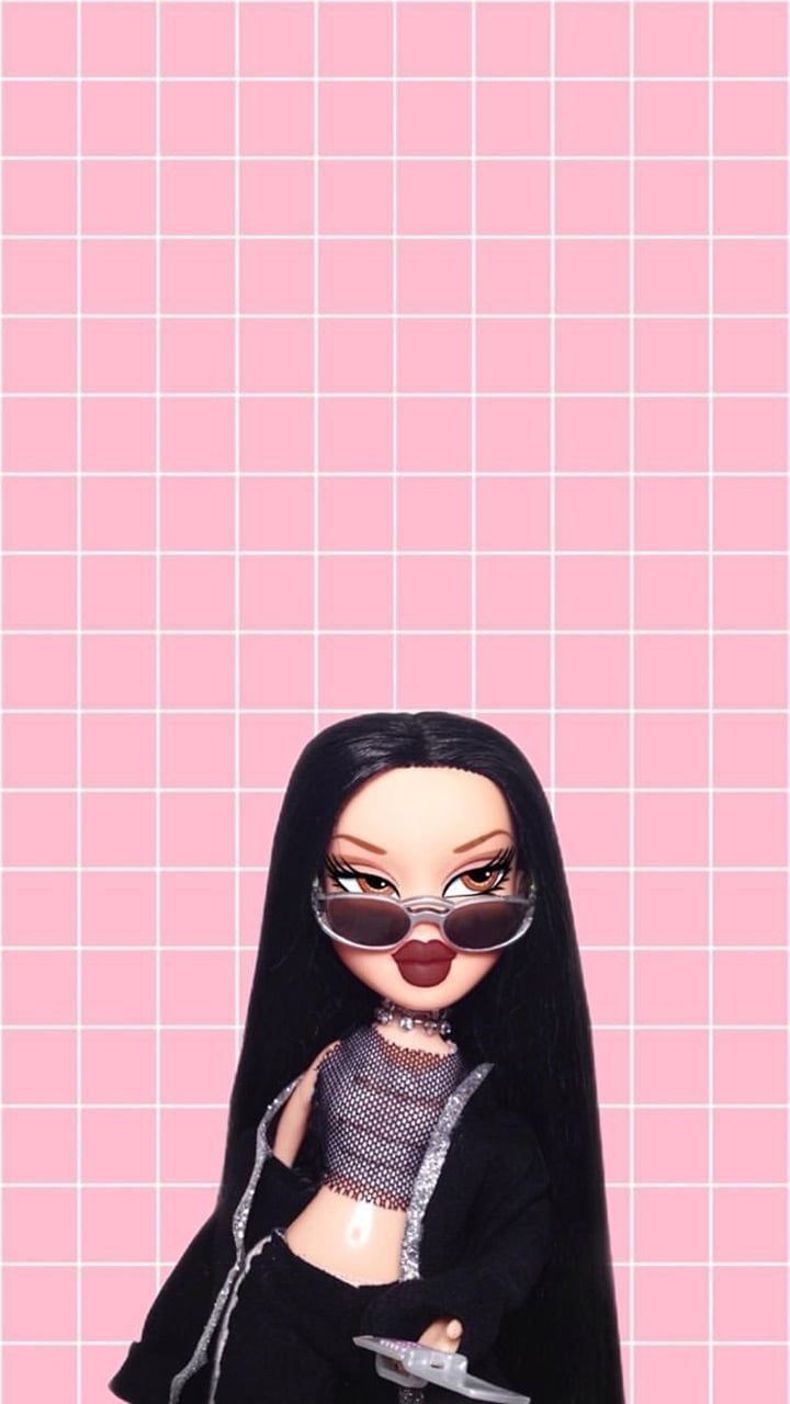 Bratz, Puppe, Sonnenbrille, Schwarze Haare, Rosa Raster, Hintergrundbild fürs Handy